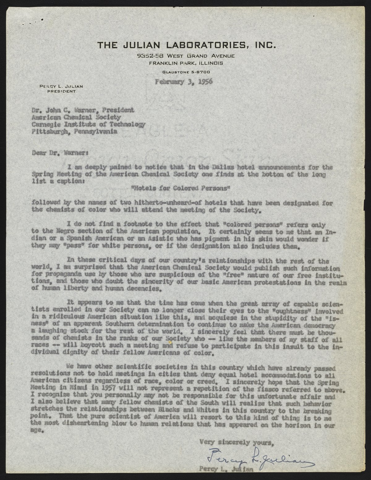 Letter from Percy L. Julian to John C. Warner - Science History Institute  Digital Collections