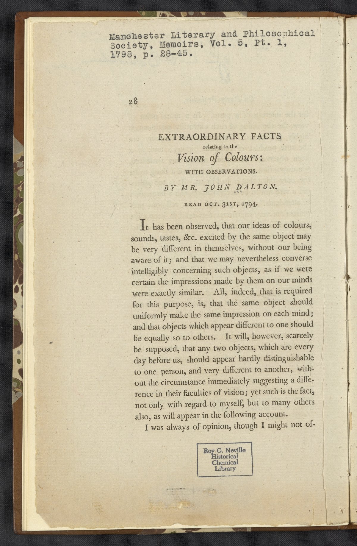 Extraordinary Facts Relating to the Vision of Colours: With Observations -  Science History Institute Digital Collections