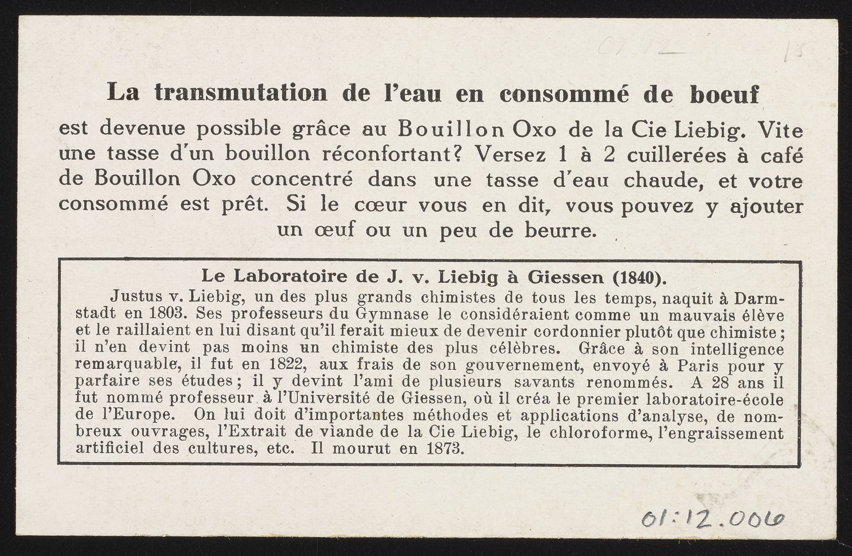 Trade card for Bouillon Oxo en Flacons [Bouillon Oxo in Bottles] with  Justus von Liebig in Giessen in 1840 - Science History Institute Digital  Collections