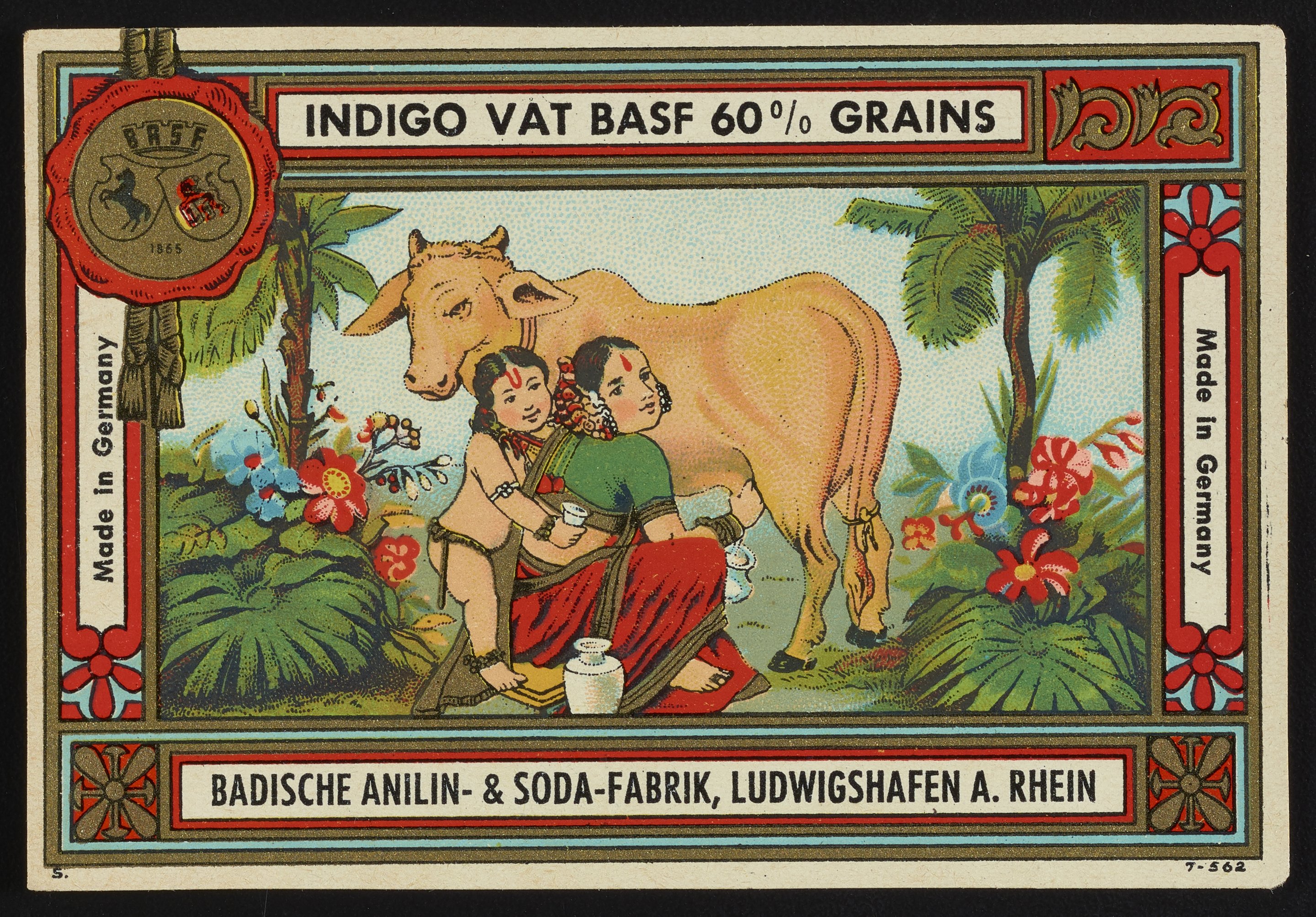 Badische Anilin & Soda-Fabrik dye label with woman and child milking cow -  Science History Institute Digital Collections