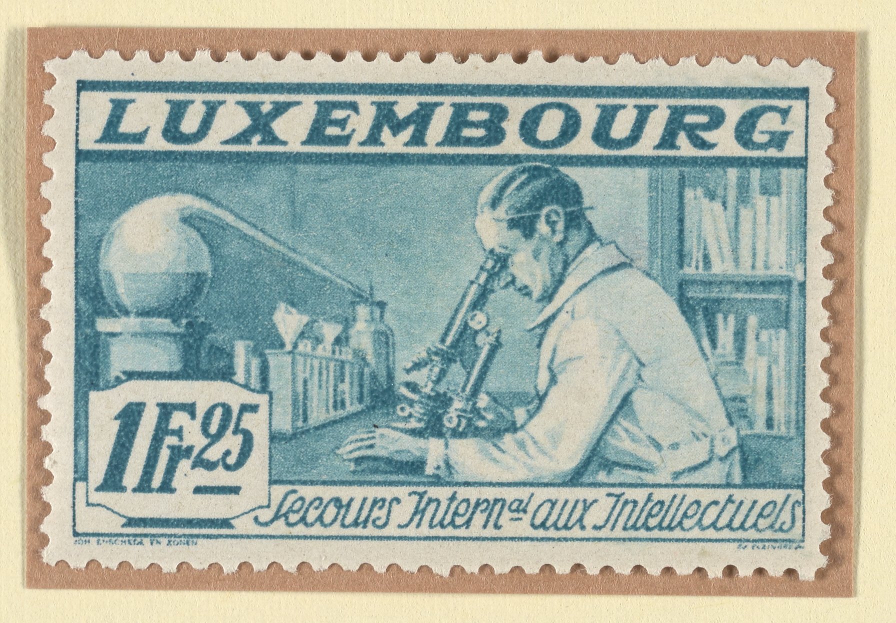 Semipostal stamp from Luxembourg to support the International Relief Fund  for Intellectuals - Science History Institute Digital Collections